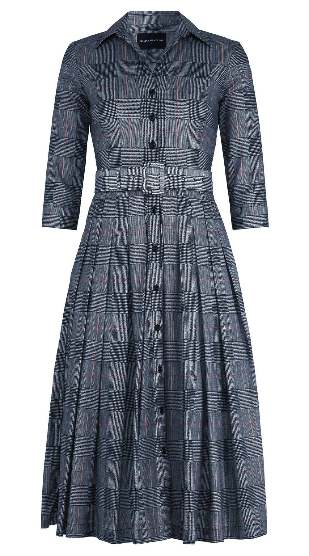 Audrey Dress #4 Shirt Collar 3/4 Sleeve Midi Length Cotton Stretch (Savile Row Check Big White)