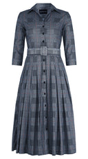 Audrey Dress #4 Shirt Collar 3/4 Sleeve Midi Length Cotton Stretch (Savile Row Check Big White)