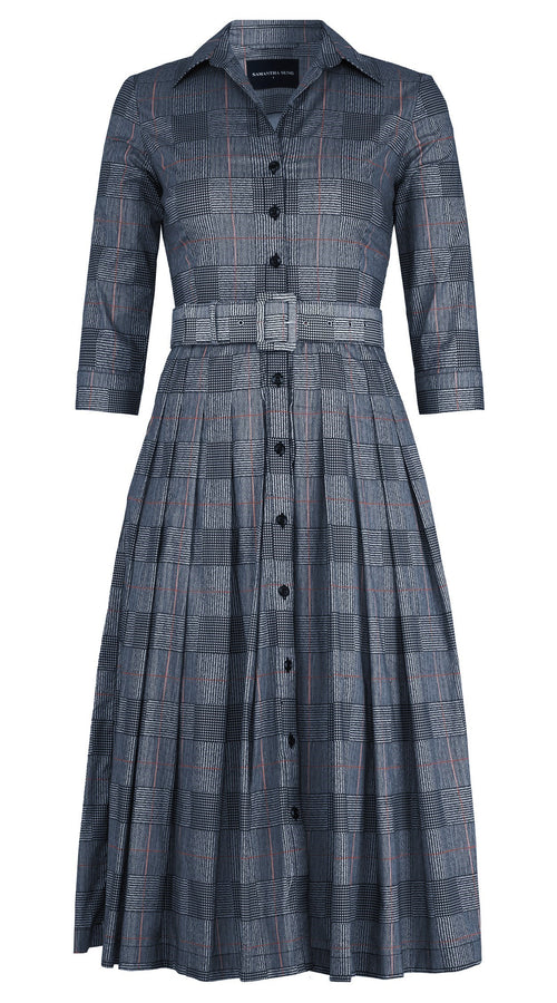 Audrey Dress #4 Shirt Collar 3/4 Sleeve Midi Length Cotton Stretch (Savile Row Check Big White)
