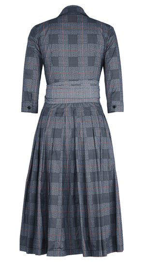 Audrey Dress #4 Shirt Collar 3/4 Sleeve Midi Length Cotton Stretch (Savile Row Check Big White)