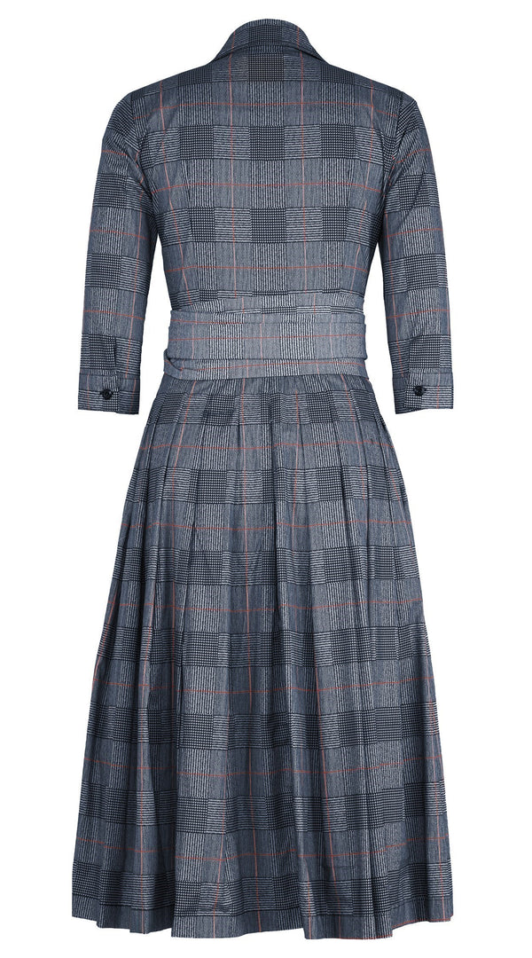 Audrey Dress #4 Shirt Collar 3/4 Sleeve Midi Length Cotton Stretch (Savile Row Check Big White)