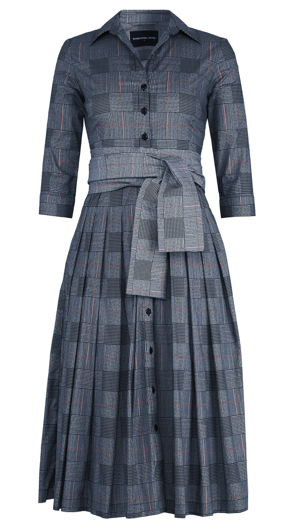 Audrey Dress #4 Shirt Collar 3/4 Sleeve Midi Length Cotton Stretch (Savile Row Check Big White)