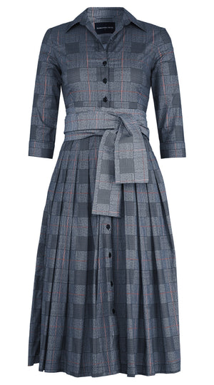 Audrey Dress #4 Shirt Collar 3/4 Sleeve Midi Length Cotton Stretch (Savile Row Check Big White)