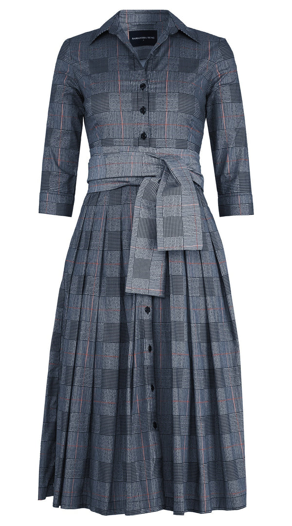 Audrey Dress #4 Shirt Collar 3/4 Sleeve Midi Length Cotton Stretch (Savile Row Check Big White)