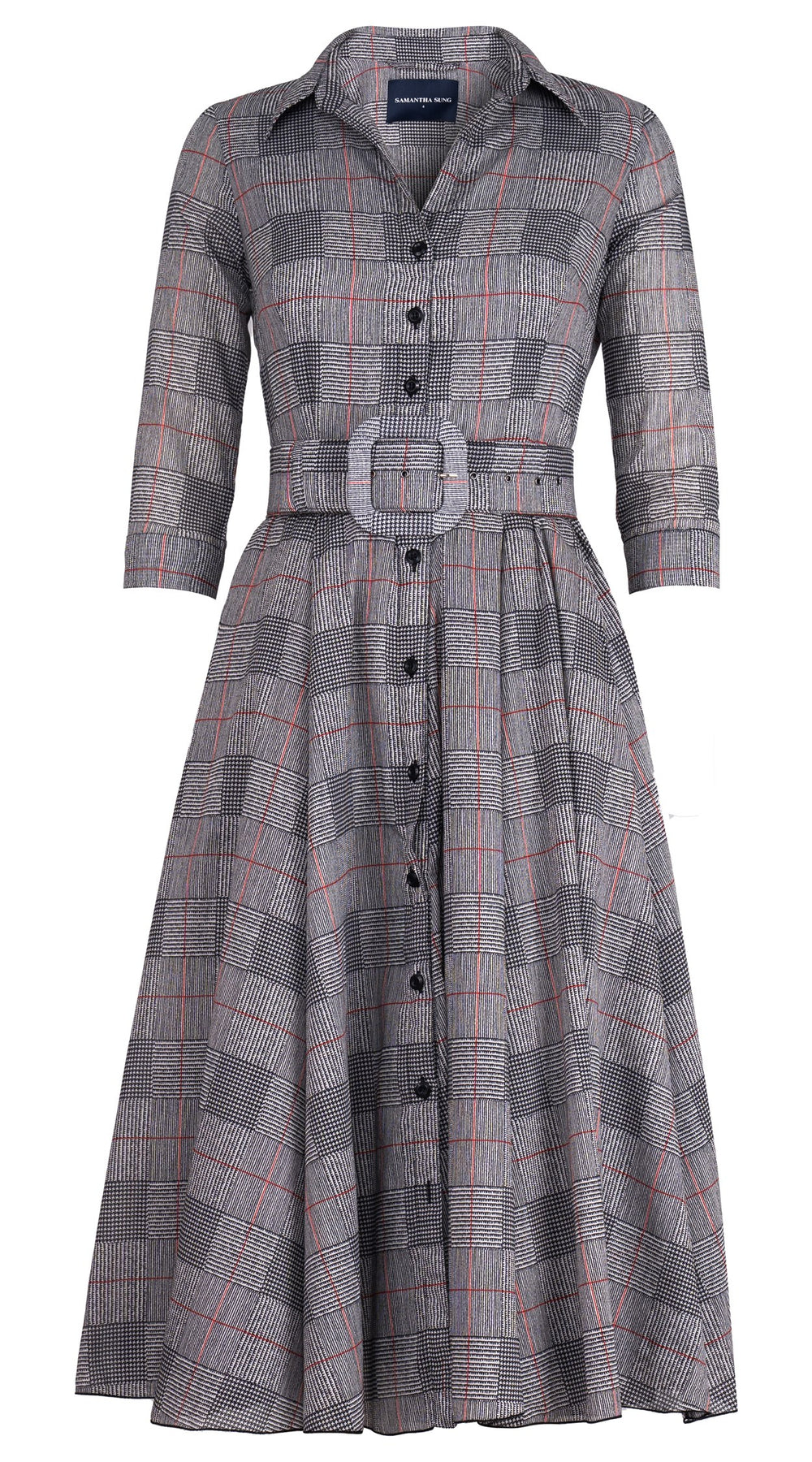 Aster Dress Shirt Collar 3/4 Sleeve Midi Length Cotton Musola (Savile Row Check Ivory)