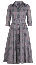 Aster Dress Shirt Collar 3/4 Sleeve Midi Length Cotton Musola (Savile Row Check Ivory)