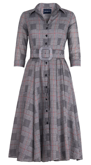Aster Dress Shirt Collar 3/4 Sleeve Midi Length Cotton Musola (Savile Row Check Ivory)