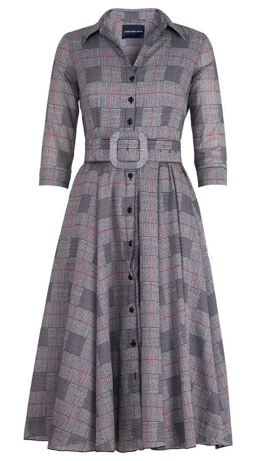 Aster Dress Shirt Collar 3/4 Sleeve Midi Length Cotton Musola (Savile Row Check Ivory)