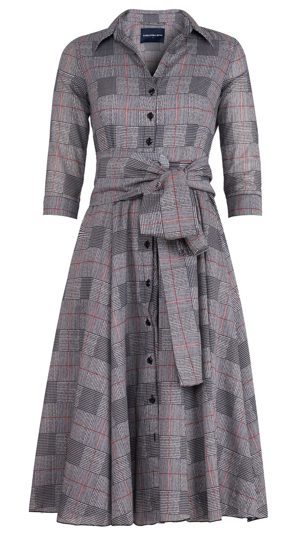 Aster Dress Shirt Collar 3/4 Sleeve Midi Length Cotton Musola (Savile Row Check Ivory)