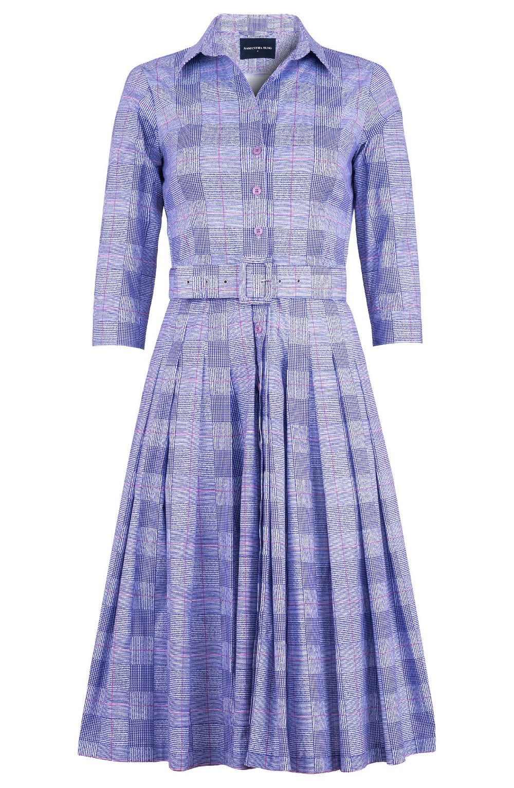Audrey Dress #2 Shirt Collar 3/4 Sleeve Long Length Cotton Stretch (Savile Row Check Big White)