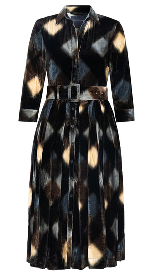 Audrey Dress #1 Shirt Collar 3/4 Sleeve Midi Length Silk Velvet (Scotish Velvet)
