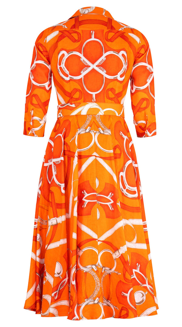 Amber Dress Shirt Collar 3/4 Sleeve Midi Length Linen (Secretariat Horse Bright)