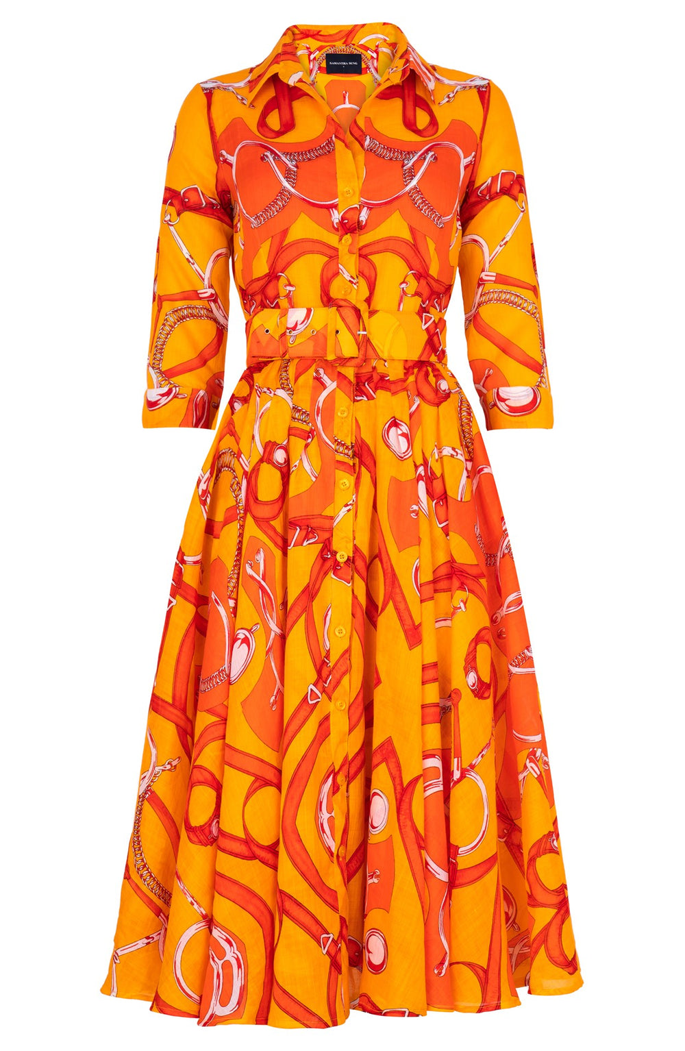 Amber Dress Shirt Collar 3/4 Sleeve Midi Length Linen (Secretariat Horse Bright)