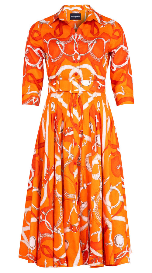 Amber Dress Shirt Collar 3/4 Sleeve Midi Length Linen (Secretariat Horse Bright)