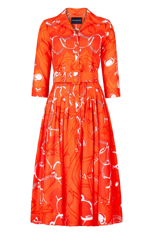 Amber Dress Shirt Collar 3/4 Sleeve Midi Length Cotton Musola (Secretariat Horse Bright)