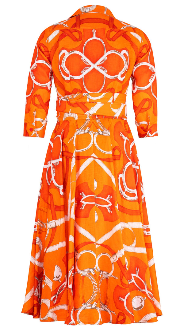 Amber Dress Shirt Collar 3/4 Sleeve Midi Length Linen (Secretariat Horse Bright)