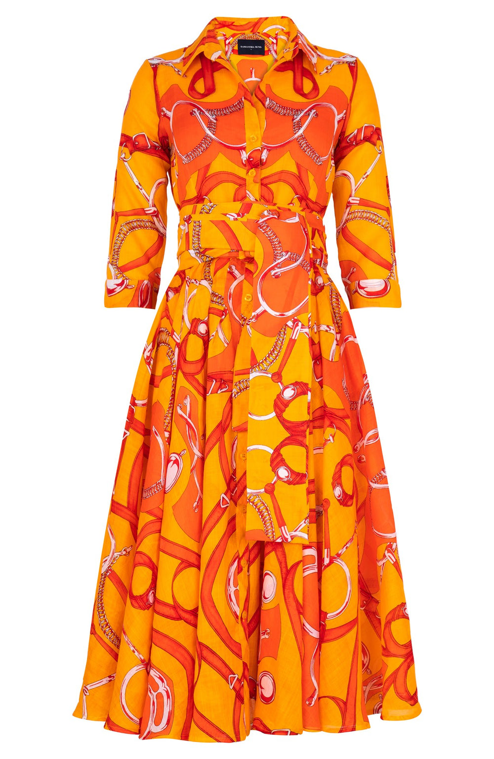 Amber Dress Shirt Collar 3/4 Sleeve Midi Length Linen (Secretariat Horse Bright)