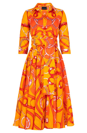 Amber Dress Shirt Collar 3/4 Sleeve Midi Length Linen (Secretariat Horse Bright)
