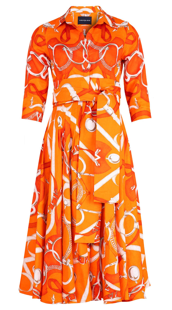 Amber Dress Shirt Collar 3/4 Sleeve Midi Length Linen (Secretariat Horse Bright)