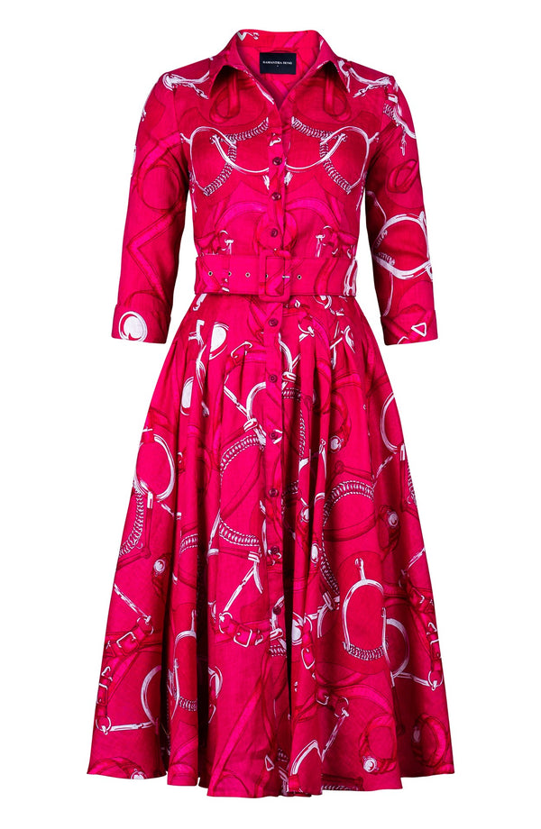 Amber Dress Shirt Collar 3/4 Sleeve Midi Length Linen (Secretariat Horse Bright)