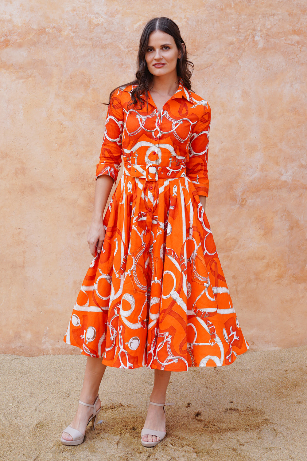 Amber Dress Shirt Collar 3/4 Sleeve Midi Length Linen (Secretariat Horse Bright)