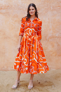 Amber Dress Shirt Collar 3/4 Sleeve Midi Length Linen (Secretariat Horse Bright)