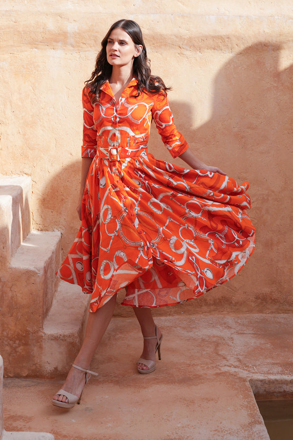 Amber Dress Shirt Collar 3/4 Sleeve Midi Length Linen (Secretariat Horse Bright)