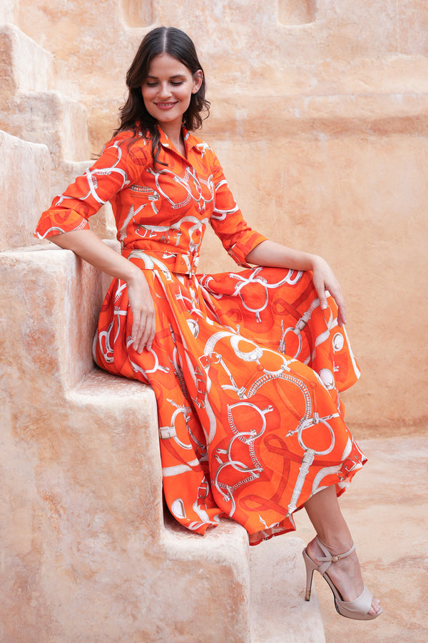 Amber Dress Shirt Collar 3/4 Sleeve Midi Length Linen (Secretariat Horse Bright)