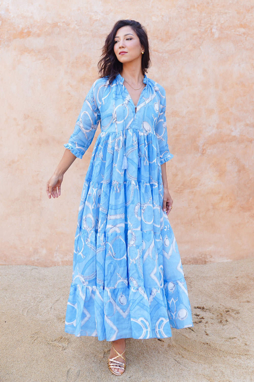 Eden Dress Crew Neck 3/4 Sleeve Midi Plus Length Cotton Musola (Secretariat Horse Pastel)