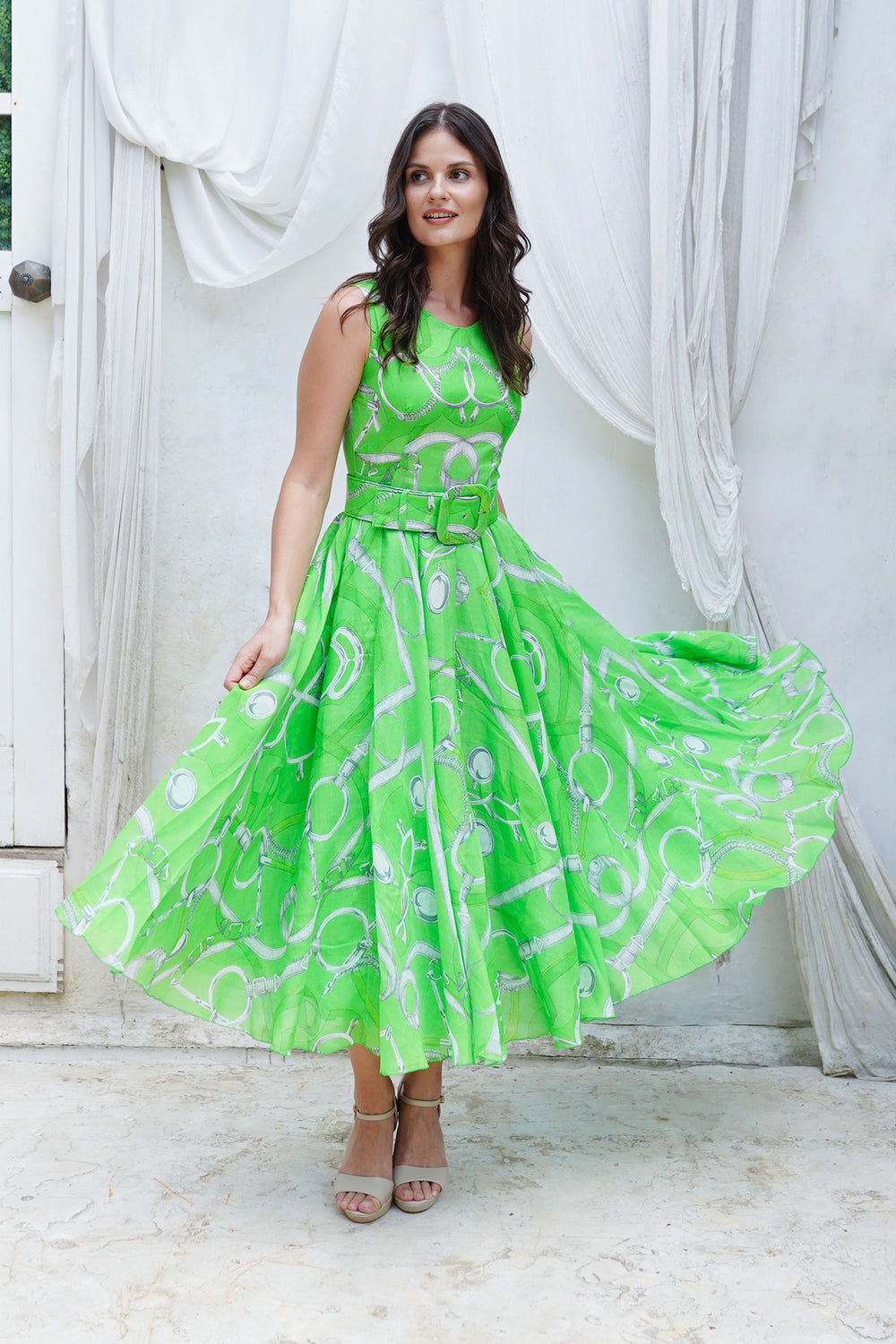 Aster Dress Crew Neck Sleeveless Midi Length Cotton Musola (Secretariat Horse Pastel)