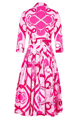 Audrey Dress #4 Shirt Collar 3/4 Sleeve Midi Length Cotton Stretch (Secretariat Horse Pastel) - Soft Pink