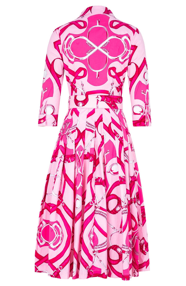 Audrey Dress #4 Shirt Collar 3/4 Sleeve Midi Length Cotton Stretch (Secretariat Horse Pastel) - Soft Pink