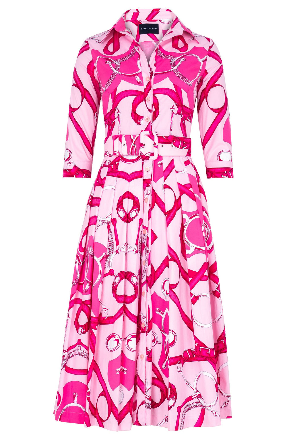 Audrey Dress #4 Shirt Collar 3/4 Sleeve Midi Length Cotton Stretch (Secretariat Horse Pastel) - Soft Pink