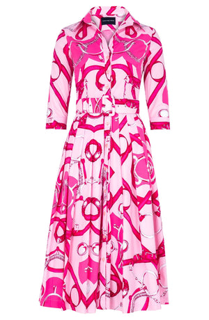 Audrey Dress #4 Shirt Collar 3/4 Sleeve Midi Length Cotton Stretch (Secretariat Horse Pastel) - Soft Pink