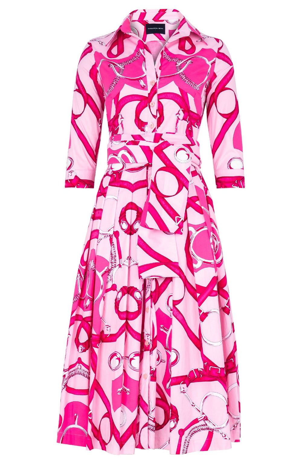 Audrey Dress #4 Shirt Collar 3/4 Sleeve Midi Length Cotton Stretch (Secretariat Horse Pastel) - Soft Pink