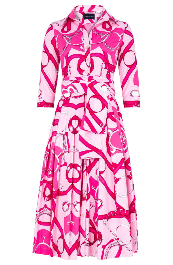 Audrey Dress #4 Shirt Collar 3/4 Sleeve Midi Length Cotton Stretch (Secretariat Horse Pastel) - Soft Pink