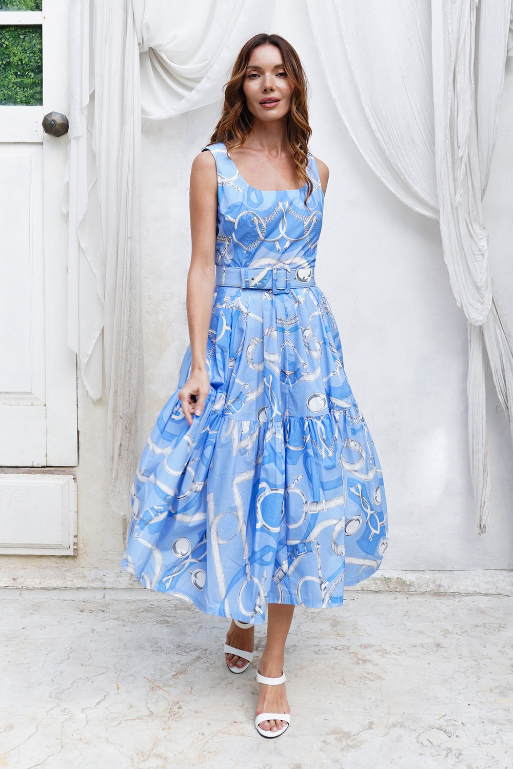 Rose Dress U Neck Sleeveless Midi Length Cotton Stretch (Secretariat Horse Pastel)