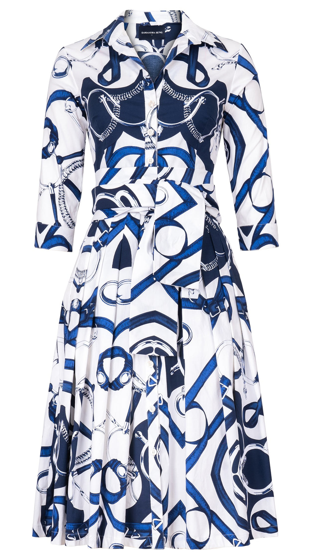 Audrey Dress #2 Shirt Collar 3/4 Sleeve Long Length Cotton Stretch (Secretariat Horse White Bright)