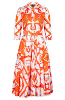 Audrey Dress #4 Shirt Collar 3/4 Sleeve Midi Length Cotton Musola (Secretariat Horse White Bright)