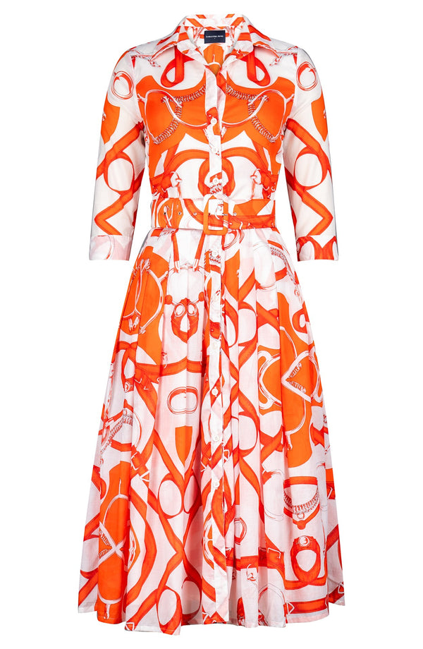 Audrey Dress #4 Shirt Collar 3/4 Sleeve Midi Length Cotton Musola (Secretariat Horse White Bright)
