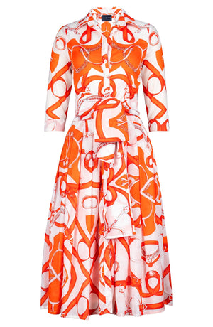 Audrey Dress #4 Shirt Collar 3/4 Sleeve Midi Length Cotton Musola (Secretariat Horse White Bright)