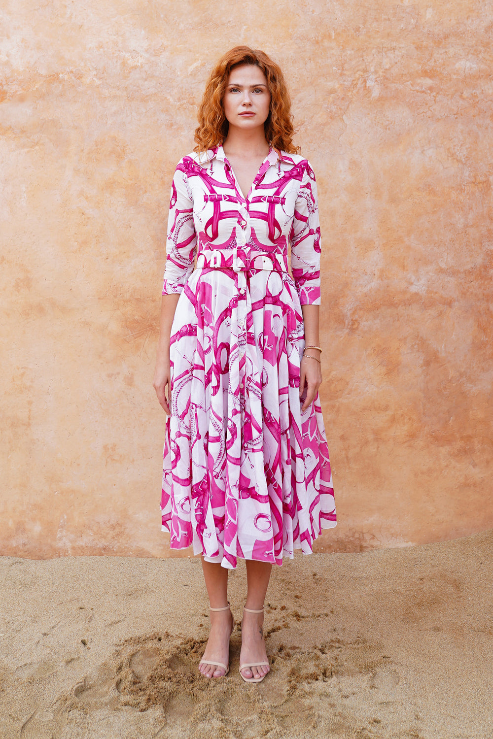 Aster Dress Shirt Collar 3/4 Sleeve Midi Length Cotton Musola (Secretariat Horse White Pastel)