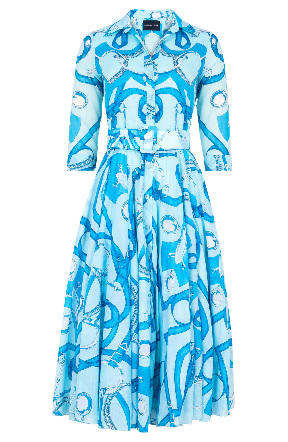 Aster Dress Shirt Collar 3/4 Sleeve Midi Length Cotton Musola (Secretariat Horse White Pastel)