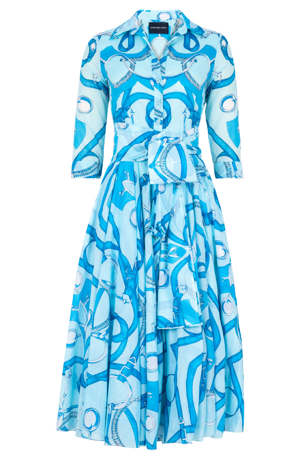 Aster Dress Shirt Collar 3/4 Sleeve Midi Length Cotton Musola (Secretariat Horse White Pastel)