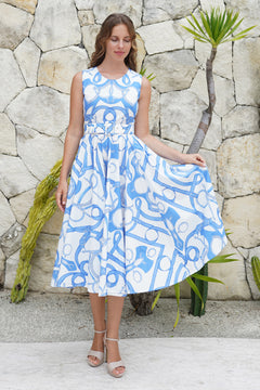 Abelia Dress Crew Neck Sleeveless Midi Length Cotton Stretch (Secretariat Horse White Pastel)