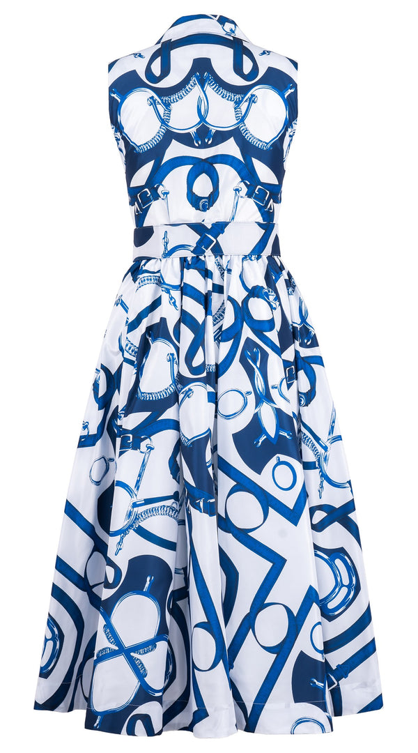 Terry Dress Shirt Collar Sleeveless Midi Plus Length Silk Taffta (Secretariat Horse White)
