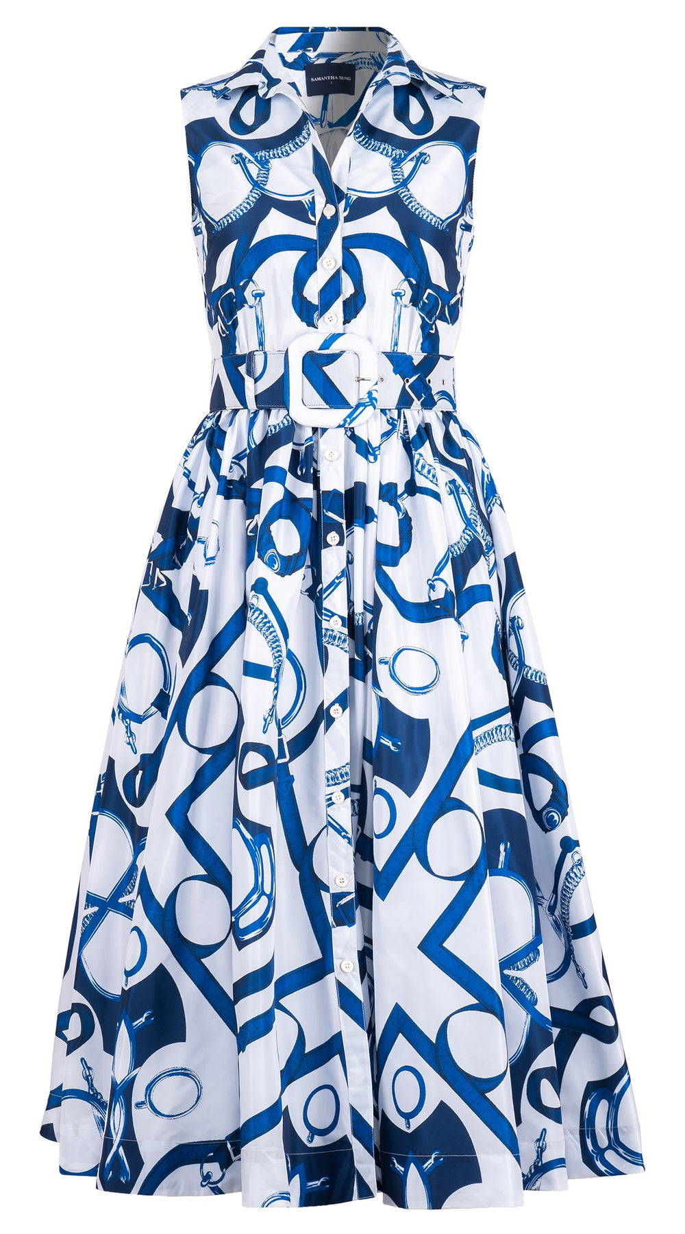 Terry Dress Shirt Collar Sleeveless Midi Plus Length Silk Taffta (Secretariat Horse White)