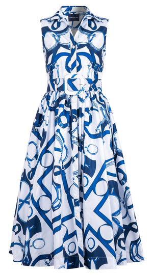 Terry Dress Shirt Collar Sleeveless Midi Plus Length Silk Taffta (Secretariat Horse White)