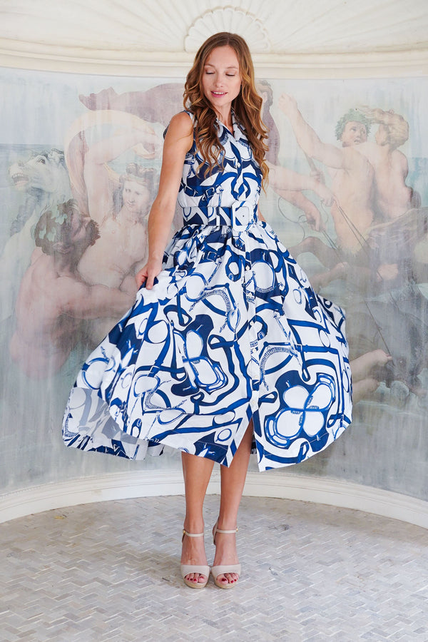 Terry Dress Shirt Collar Sleeveless Midi Plus Length Poliamide Taffta (Secretariat Horse White)