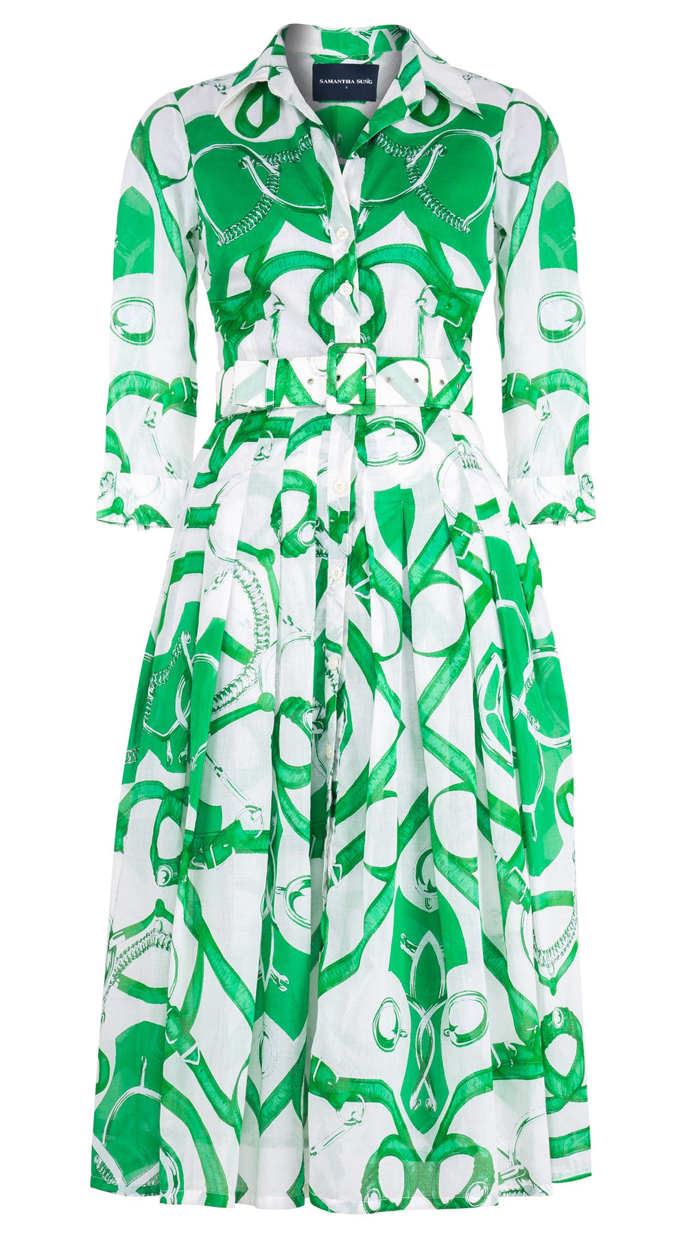 Audrey Dress #4 Shirt Collar 3/4 Sleeve Midi Length Cotton Musola (Secretariat Horse White Bright)